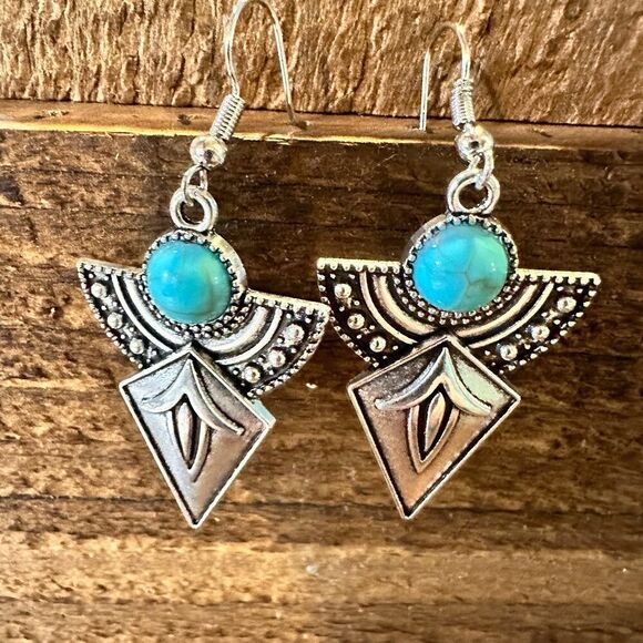 Boho Hippie Vintage Arrow Dangle Wire Earrings, Turquoise Stone, Gift Box - Picture 1 of 12